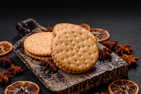 Round dotted snack snack cookies with cream on a dark concrete background. Sweets for breakfast