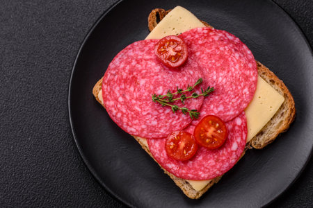 Sandwich with toast, salami slices, cheese and tomatoes, salt and spices on a dark concrete...