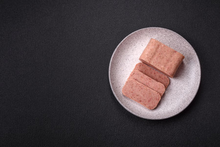 Delicious canned pink spiced ham or spam with salt, spices and herbs on a dark backgroundの写真素材