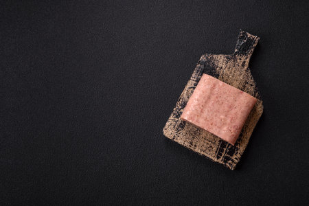 Delicious canned pink spiced ham with salt, spices and herbs on a dark backgroundの写真素材