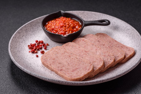 Delicious canned pink spiced ham with salt, spices and herbs on a dark backgroundの写真素材