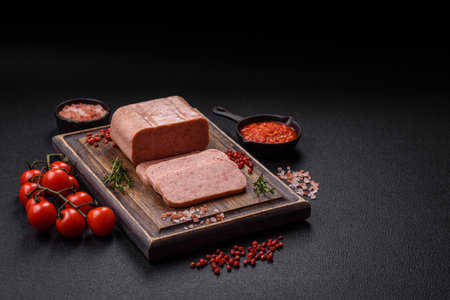 Delicious pink spiced ham or spam with salt, spices and herbs on a dark backgroundの写真素材