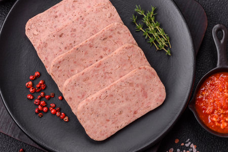 Delicious canned pink spiced ham with salt, spices and herbs on a dark background