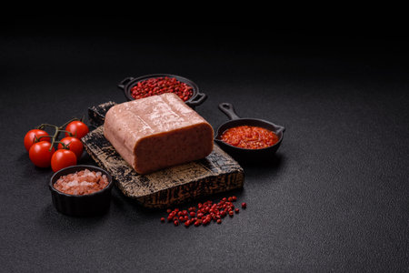 Delicious canned pink spiced ham with salt, spices and herbs on a dark background