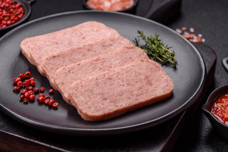 Delicious canned pink spiced ham or spam with salt, spices and herbs on a dark backgroundの写真素材