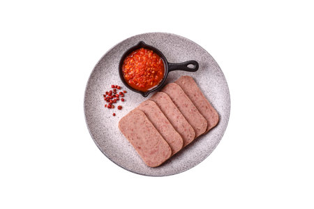 Delicious canned pink spiced ham with salt, spices and herbs on a white backgroundの写真素材