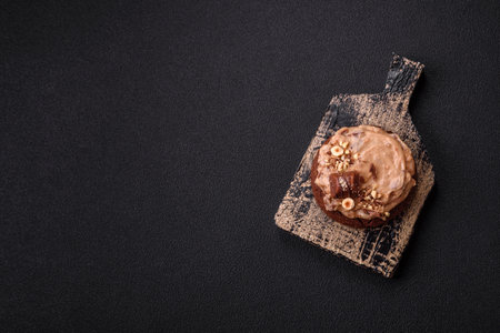 Sweet oatmeal cookies with buttercream or peanut butter and nuts on dark concrete background
