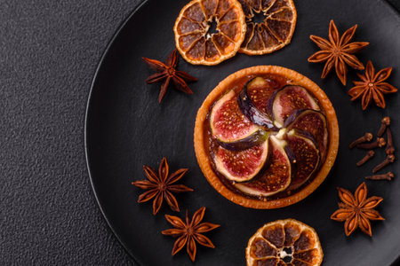 Sweet tart with figs, cheese cream and pecans on a dark concrete backgroundの写真素材