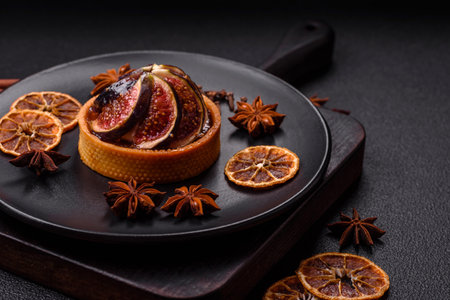 Sweet tart with figs, cheese cream and pecans on a dark concrete backgroundの写真素材