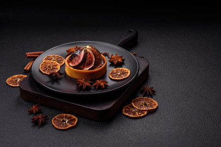 Sweet tart with figs, cheese cream and pecans on a dark concrete background