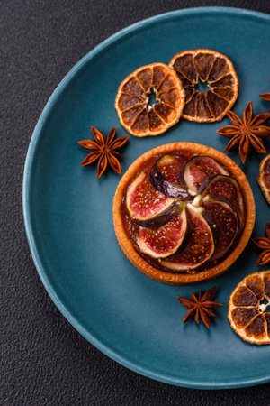 Sweet tart with figs, cream and pecans on a dark concrete backgroundの写真素材