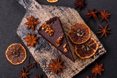 Piece of sweet chocolate cake with nuts on dark concrete backgroundの写真素材