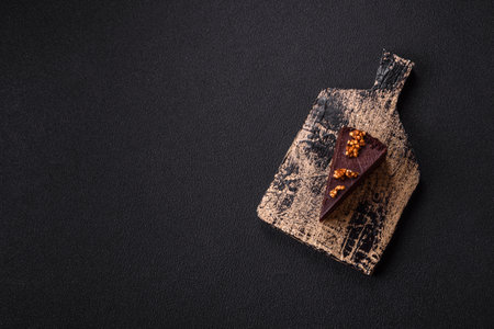 Piece of sweet chocolate cake with nuts on dark concrete backgroundの写真素材