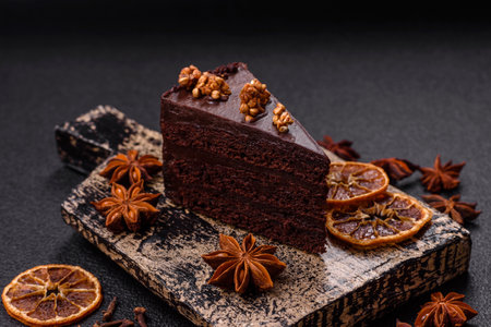 Piece of sweet chocolate cake with nuts on dark concrete background