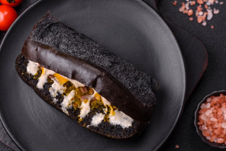 Sandwich with brioche bun, roast beef, stracciatello and vitello tonato sauceの写真素材