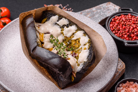 Sandwich with brioche bun, roast beef, stracciatello and vitello tonato sauceの写真素材