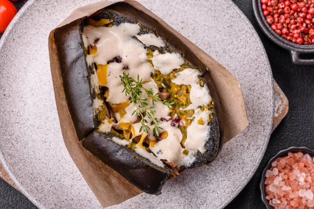 Sandwich with brioche bun, roast beef and vitello tonato sauceの写真素材