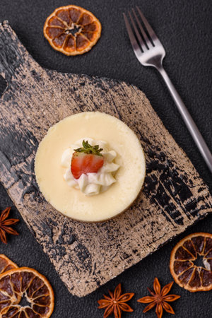 Sweet cheesecake tart with strawberries and mascarpone on a dark concrete background