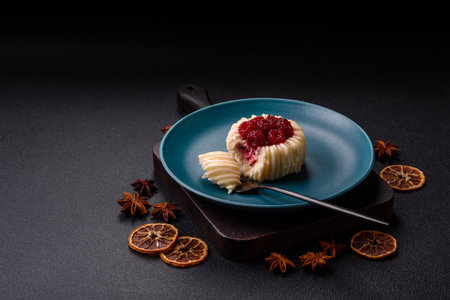 Sweet mousse tart with raspberries and filling on a dark concrete background