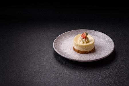Sweet cheesecake tart with strawberries and mascarpone on a dark concrete backgroundの写真素材