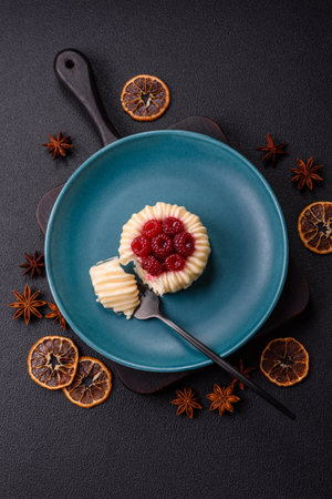 Sweet mousse tart with raspberries and filling on a dark concrete backgroundの写真素材