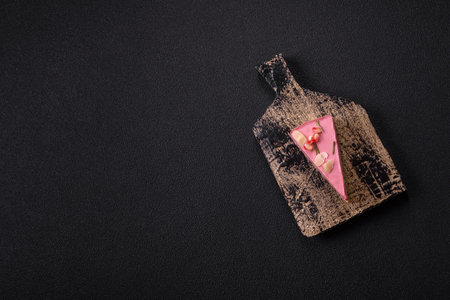 Piece of sweet cheesecake with pink cream cheese of raspberry or strawberry flavor on a dark...