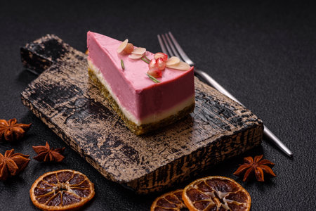 Piece of sweet cheesecake with pink cream cheese of raspberry or strawberry flavor on a dark textured backgroundの写真素材