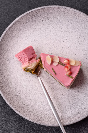 Piece of sweet cheesecake with pink cream cheese of raspberry or strawberry flavor on a dark textured backgroundの写真素材