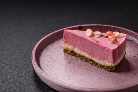 Piece of sweet cheesecake with pink cream cheese of raspberry or strawberry flavor on a dark textured backgroundの写真素材