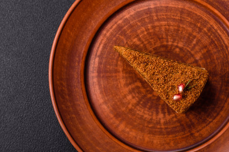 Piece of sweet layered honey cake on dark textured concrete backgroundの写真素材