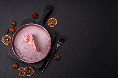 Piece of sweet cheesecake with pink cream cheese of raspberry or strawberry flavor on a dark...