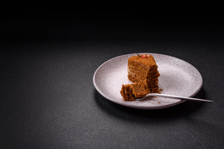 Piece of sweet layered honey cake on dark textured concrete backgroundの写真素材