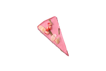 Piece of sweet cheesecake with pink cream cheese of raspberry or strawberry flavor on a white...