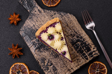 No baked sweet blueberry cheesecake with cream cheese on a dark texture backgroundの写真素材