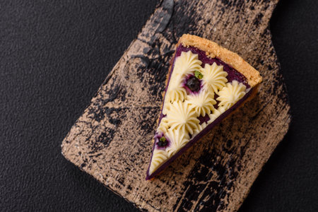 No baked sweet blueberry cheesecake with cream cheese on a dark texture backgroundの写真素材