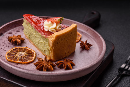 No baked sweet strawberry cheesecake with pistachio and cream cheese on a dark textured background