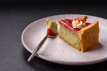 No baked sweet strawberry cheesecake with pistachio and cream cheese on a dark textured backgroundの写真素材