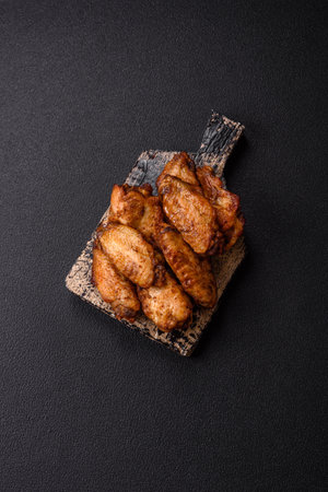 Grilled chicken wings with salt, spices and herbs on a dark concrete backgroundの写真素材