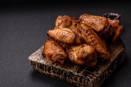 Grilled chicken wings with salt, spices and herbs on a dark concrete backgroundの写真素材