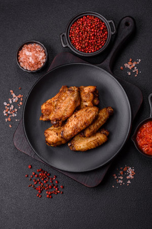 Grilled chicken wings with salt, spices and herbs on a dark concrete backgroundの写真素材