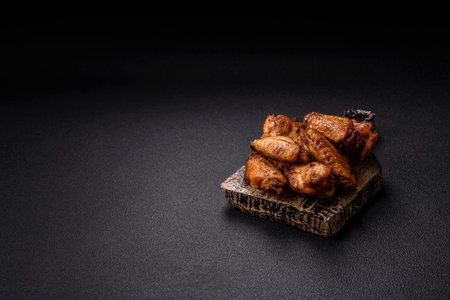 Grilled chicken wings with salt, spices and herbs on a dark concrete backgroundの写真素材