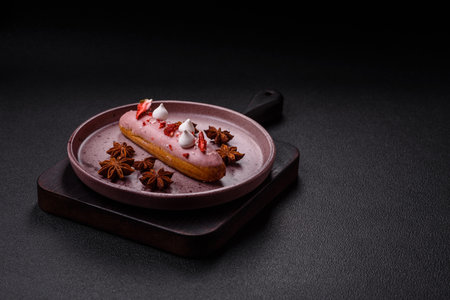 Sweet eclair or profiterole with strawberry custard on a dark textured background