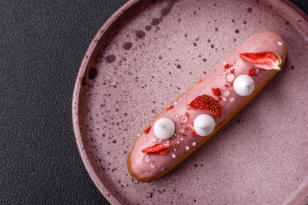 Sweet eclair or profiterole with strawberry custard on a dark textured backgroundの写真素材