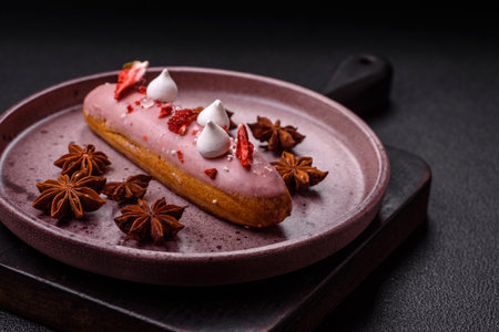 Sweet eclair or profiterole with strawberry custard on a dark textured background