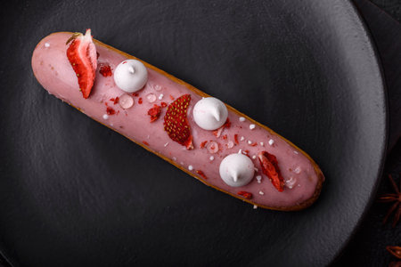 Sweet eclair or profiterole with strawberry custard on a dark textured backgroundの写真素材
