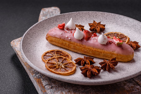 Sweet eclair or profiterole with strawberry custard on a dark textured background