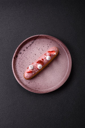 Sweet eclair or profiterole with strawberry on a dark textured background