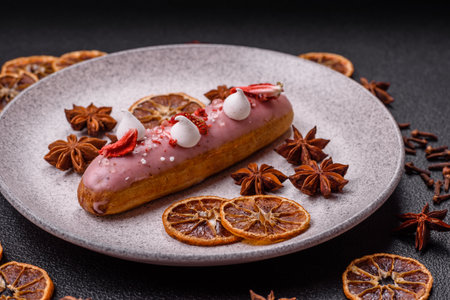 Sweet eclair or profiterole with strawberry custard on a dark textured background