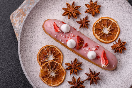 Sweet eclair or profiterole with strawberry custard on a dark textured background