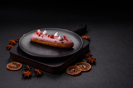 Sweet eclair or profiterole with strawberry custard on a dark textured background